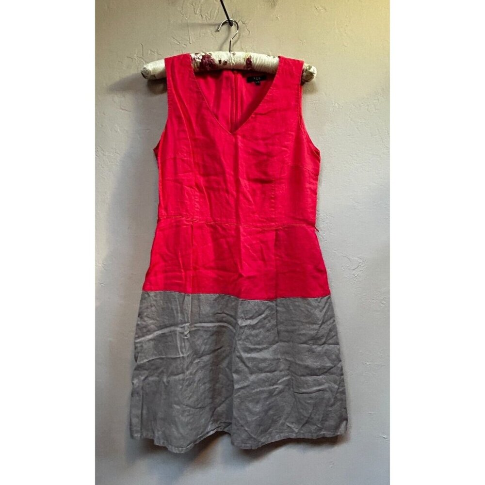 1.2.3 Paris Womens V-Neck Sleeveless Linen A-Line Dress 40 Red/Brown Colorblock